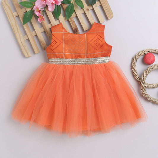 Many Frocks &  Patola Weave Bodice Knee Length Sleeveless Baby And Girls Ethnic Frock - Peach