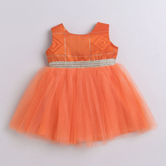 Many Frocks &  Patola Weave Bodice Knee Length Sleeveless Baby And Girls Ethnic Frock - Peach