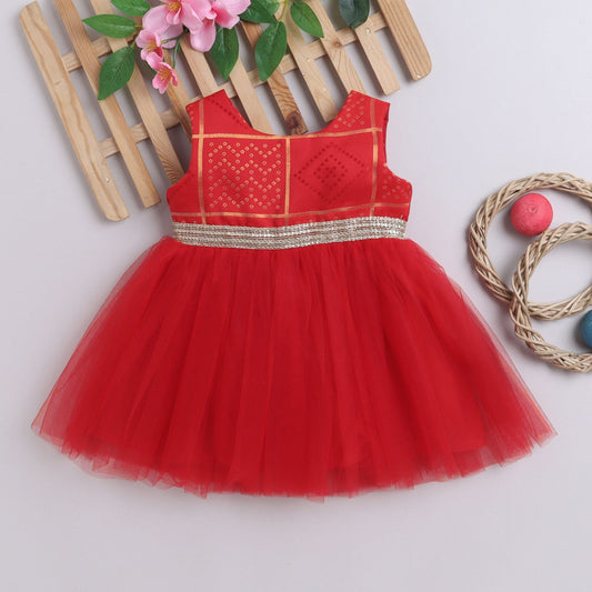 Many Frocks &  Patola Weave Bodice Knee Length Sleeveless Baby And Girls Ethnic Frock - Red