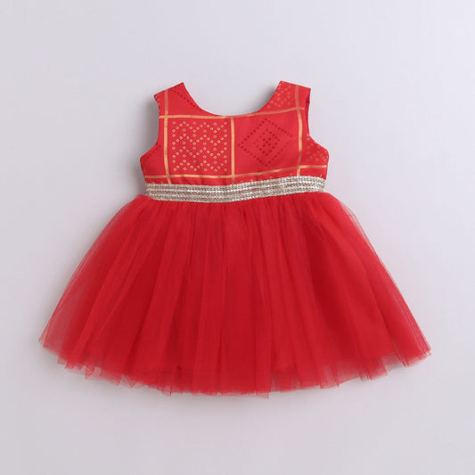 Many Frocks &  Patola Weave Bodice Knee Length Sleeveless Baby And Girls Ethnic Frock - Red