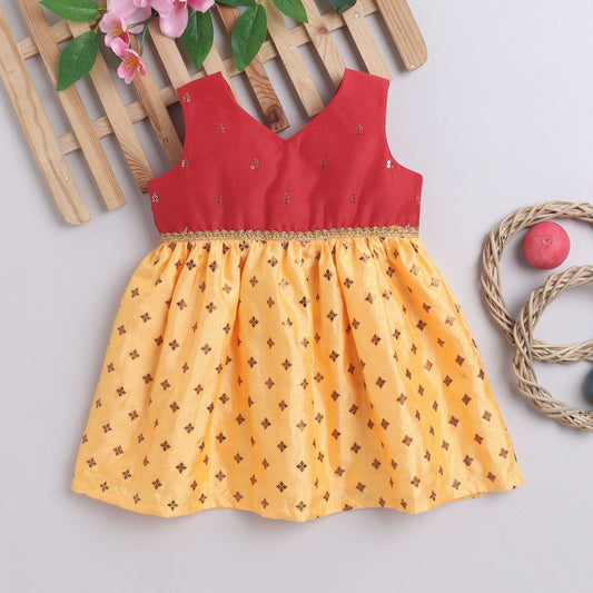 Many Frocks &  Sequin Embellished Bodice Knee Length Sleeveless Baby And Girls Ethnic Frock - Red &  Yellow