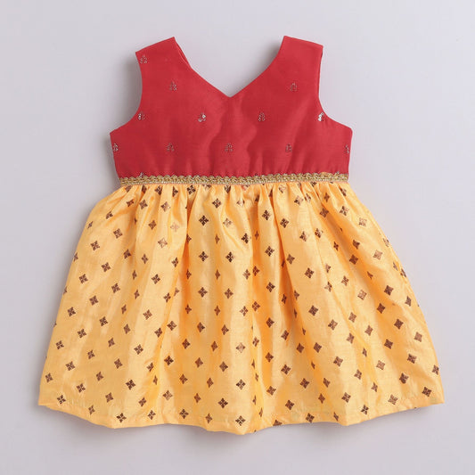 Many Frocks &  Sequin Embellished Bodice Knee Length Sleeveless Baby And Girls Ethnic Frock - Red &  Yellow