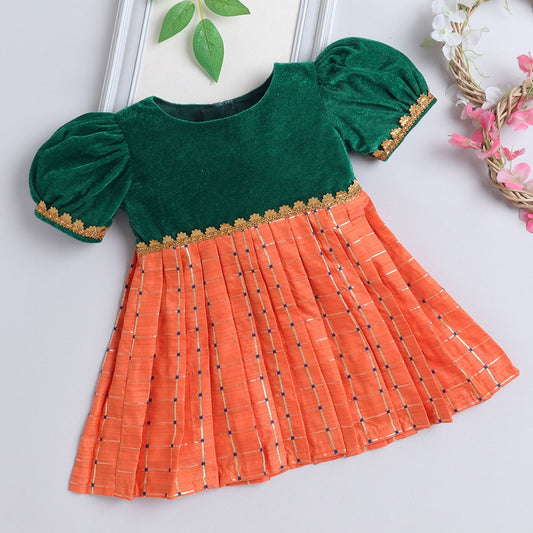 Many Frocks  & knee length velvet puff sleeves boti & checks  embellished baby ethnic frock - Peach & Green