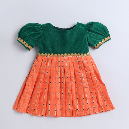 Many Frocks  & knee length velvet puff sleeves boti & checks  embellished baby ethnic frock - Peach & Green