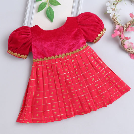 Many Frocks  & knee length velvet puff sleeves boti checks & lace embellished baby ethnic frock - Pink