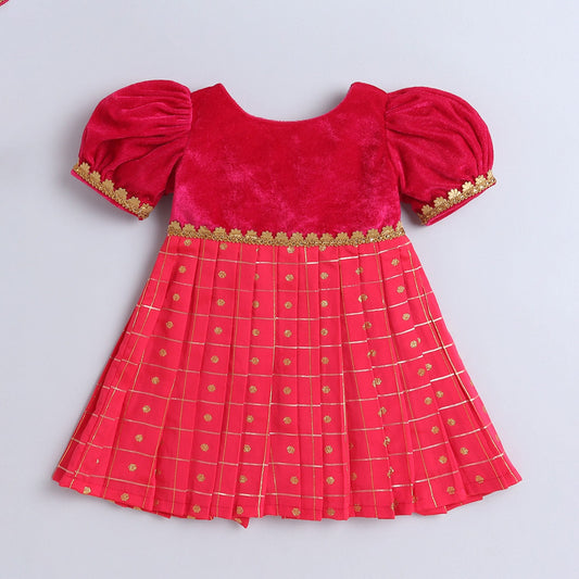 Many Frocks  & knee length velvet puff sleeves boti checks & lace embellished baby ethnic frock - Pink