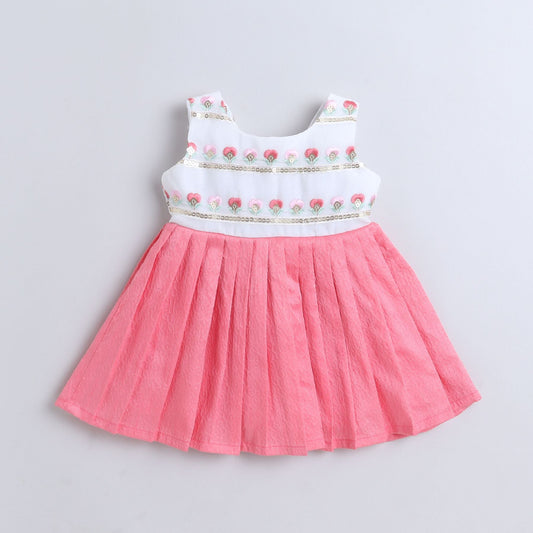 Many Frocks & embroidered bodice sleeveless knee length baby & girls party dress - Pink & white