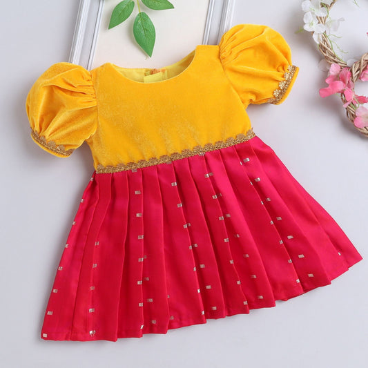 Many Frocks  & knee length velvet puff sleeves golden boti embellished baby ethnic frock - Pink & Yellow