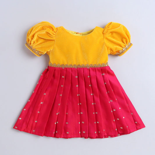 Many Frocks  & knee length velvet puff sleeves golden boti embellished baby ethnic frock - Pink & Yellow