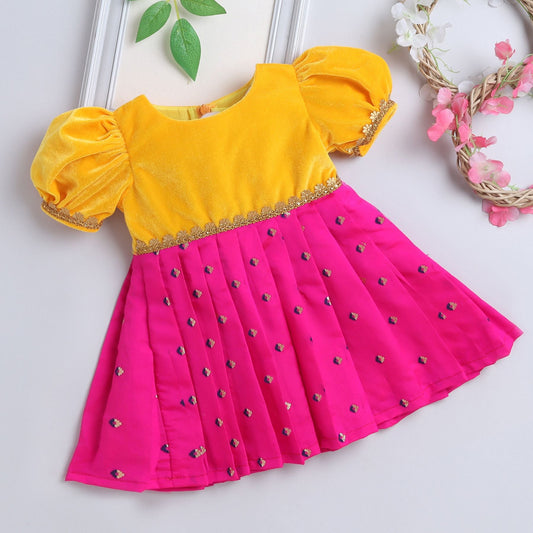 Many Frocks  & knee length velvet puff sleeves boti embellished baby ethnic frock - Pink & Yellow