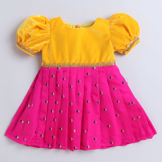 Many Frocks  & knee length velvet puff sleeves boti embellished baby ethnic frock - Pink & Yellow