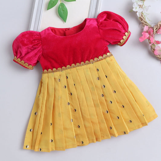 Many Frocks  & knee length velvet puff sleeves lace embellished baby ethnic frock - Yellow & Pink