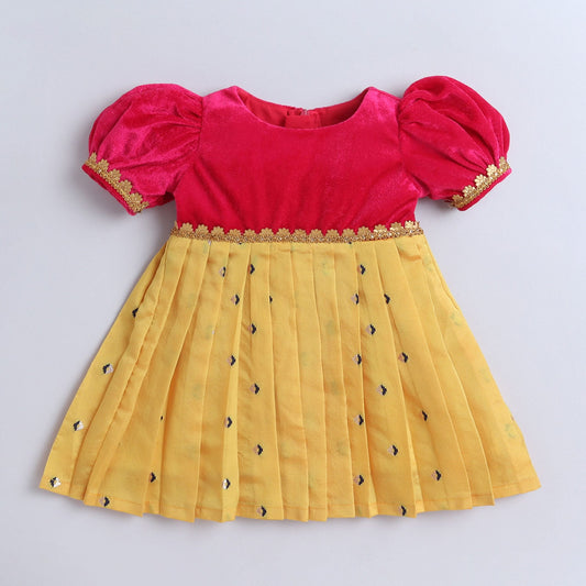 Many Frocks  & knee length velvet puff sleeves lace embellished baby ethnic frock - Yellow & Pink