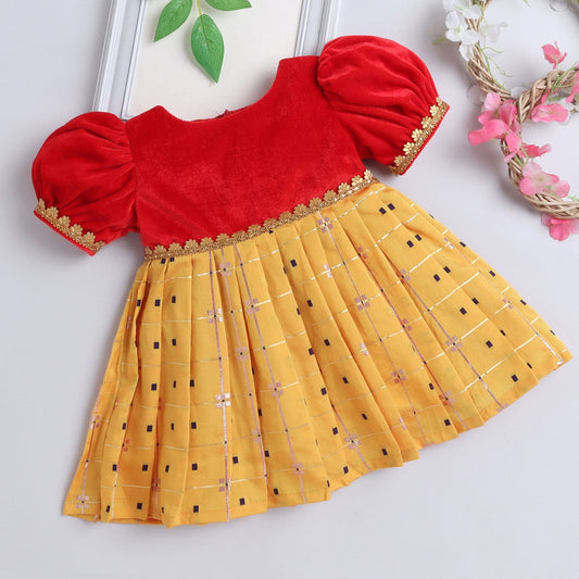 Many Frocks  & knee length velvet puff sleeves boti embellished baby ethnic frock - Yellow & Red