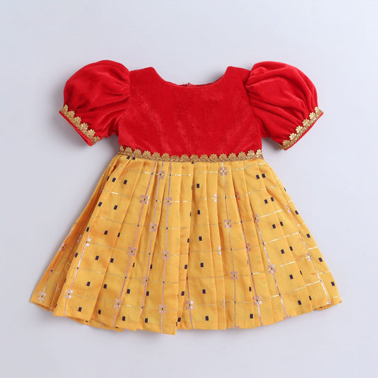 Many Frocks  & knee length velvet puff sleeves boti embellished baby ethnic frock - Yellow & Red