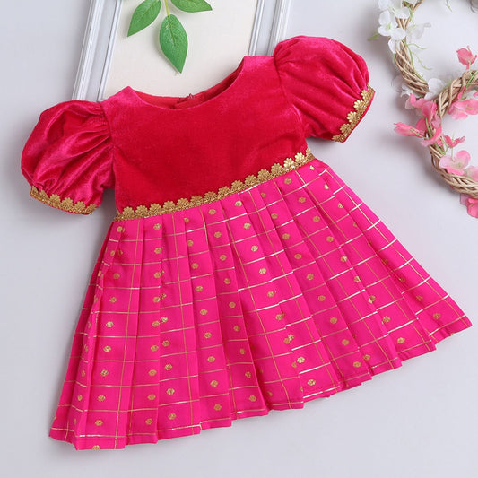 Many Frocks  & knee length velvet puff sleeves golden boti golden checks embellished baby ethnic frock - Pink