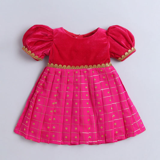 Many Frocks  & knee length velvet puff sleeves golden boti golden checks embellished baby ethnic frock - Pink