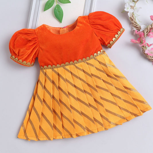 Many Frocks  & knee length velvet puff sleeves leheriya weave baby ethnic frock - Yellow & Orange