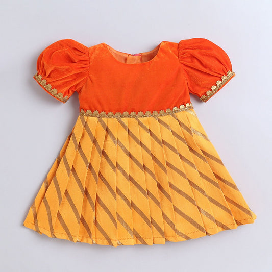 Many Frocks  & knee length velvet puff sleeves leheriya weave baby ethnic frock - Yellow & Orange