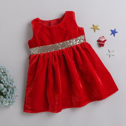 Many Frocks & Velvet Sleevless Lace Embellished Knee Length Flared  Girls Party  Dress -Red