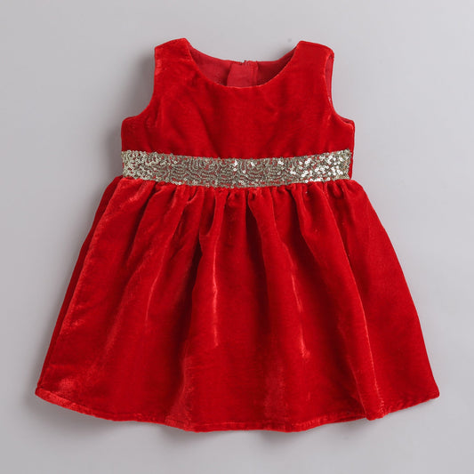 Many Frocks knee length Sequinebelt dress-Red