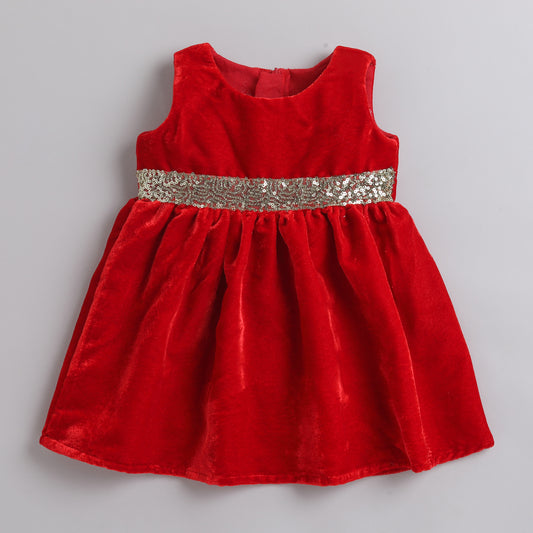 Many Frocks & Velvet Sleevless Lace Embellished Knee Length Flared  Girls Party  Dress -Red