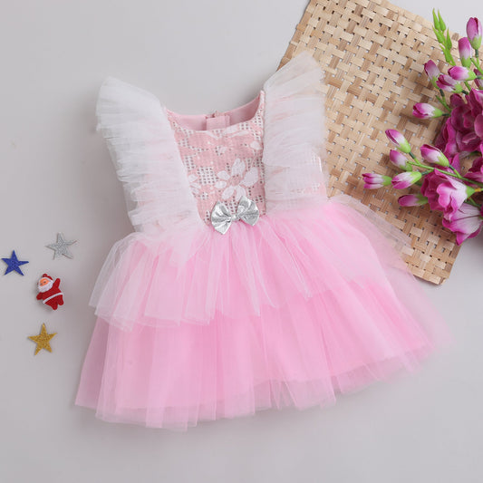 Many Frocks knee length flutter party dress - Pink