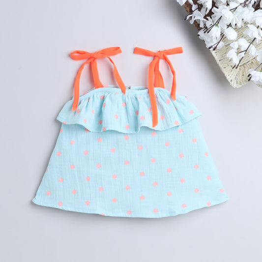 Many Frocks & Singlet sleeveless printed girls top with frill & tie-up knot - Blue