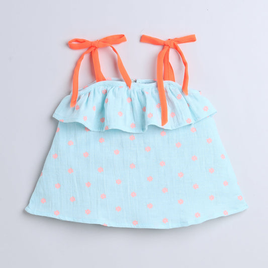 Many Frocks & Singlet sleeveless printed girls top with frill & tie-up knot - Blue