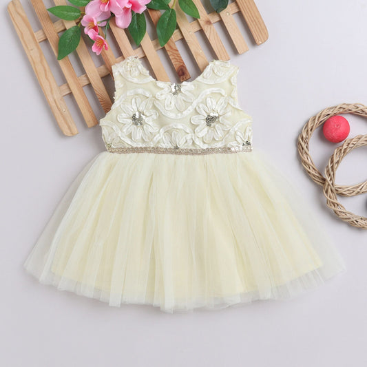 Many Frocks &  Lace Embroidered Bodice Knee Length Sleeveless Baby And Girls Party Dress - Cream