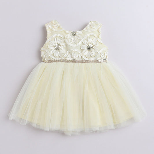 Many Frocks & Lace Embroidered Bodice Knee Length Sleeveless Baby And Girls Party Dress - Cream