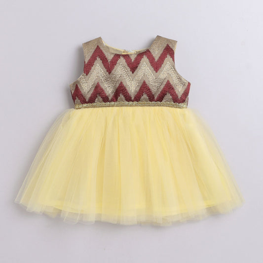 Many Frocks & Patterned Bodice Knee Length Sleeveless Baby And Girlss Party Frock - Yellow