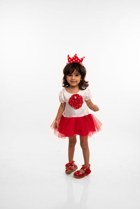 Many Frocks  handmade flower embellished baby and girls christmas tutu party dress with sleeves - White/Red