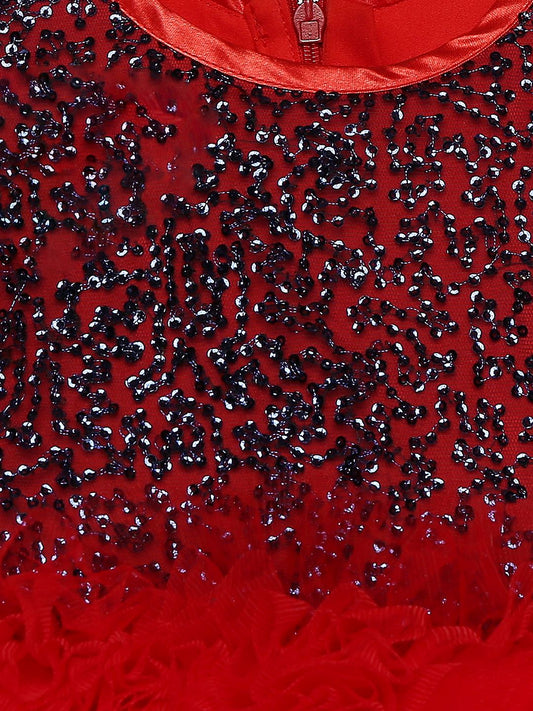 Many Frocks Sleeveless Sequins Balloon Dress-Red