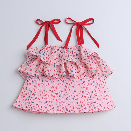 Many Frocks & Singlet sleeveless printed girls top with frills & tie-up knot - Pink