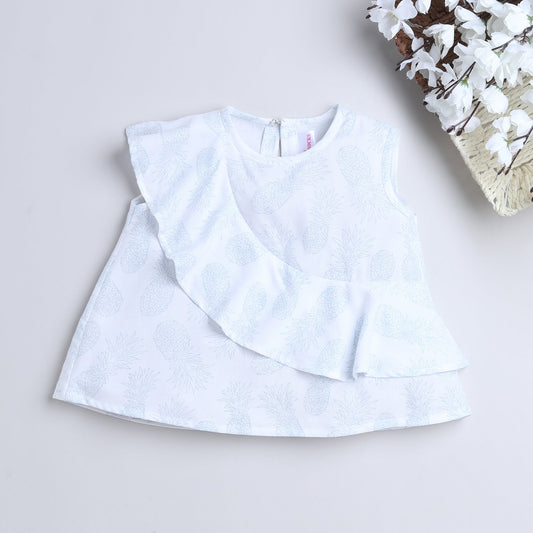 Many Frocks & sleeveless girls top with frill & pineapple print - White