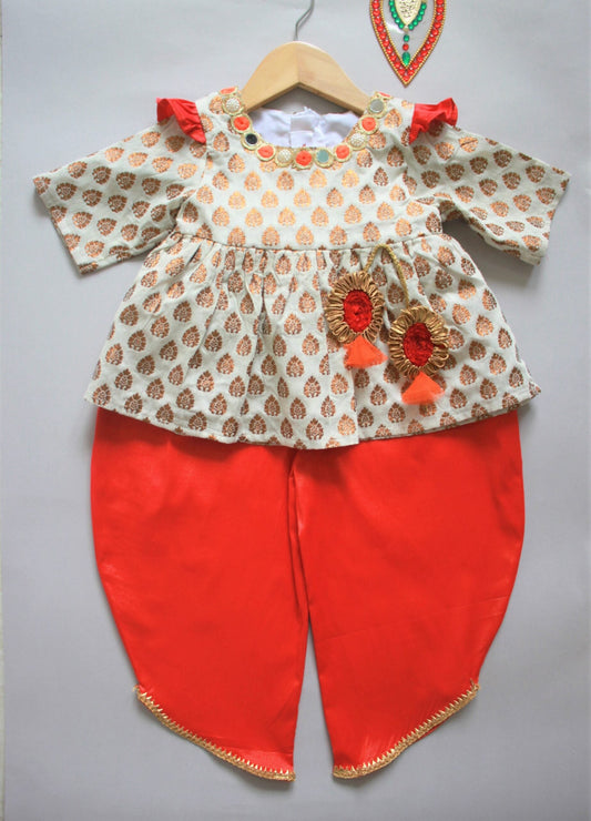 Many Frocks &, baby girls brocade top and dhoti -orange/cream