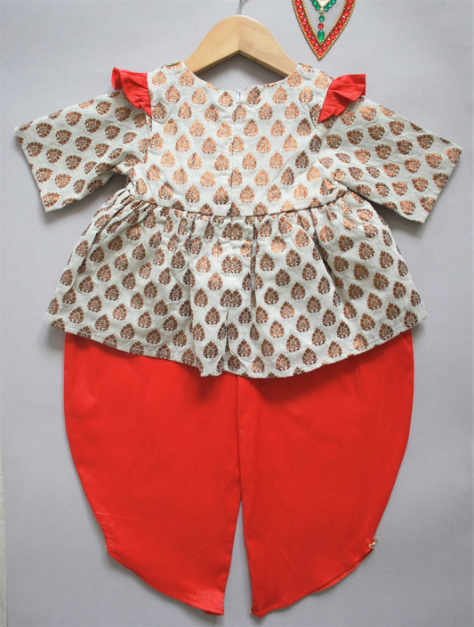 Many Frocks &, baby girls brocade top and dhoti -orange/cream