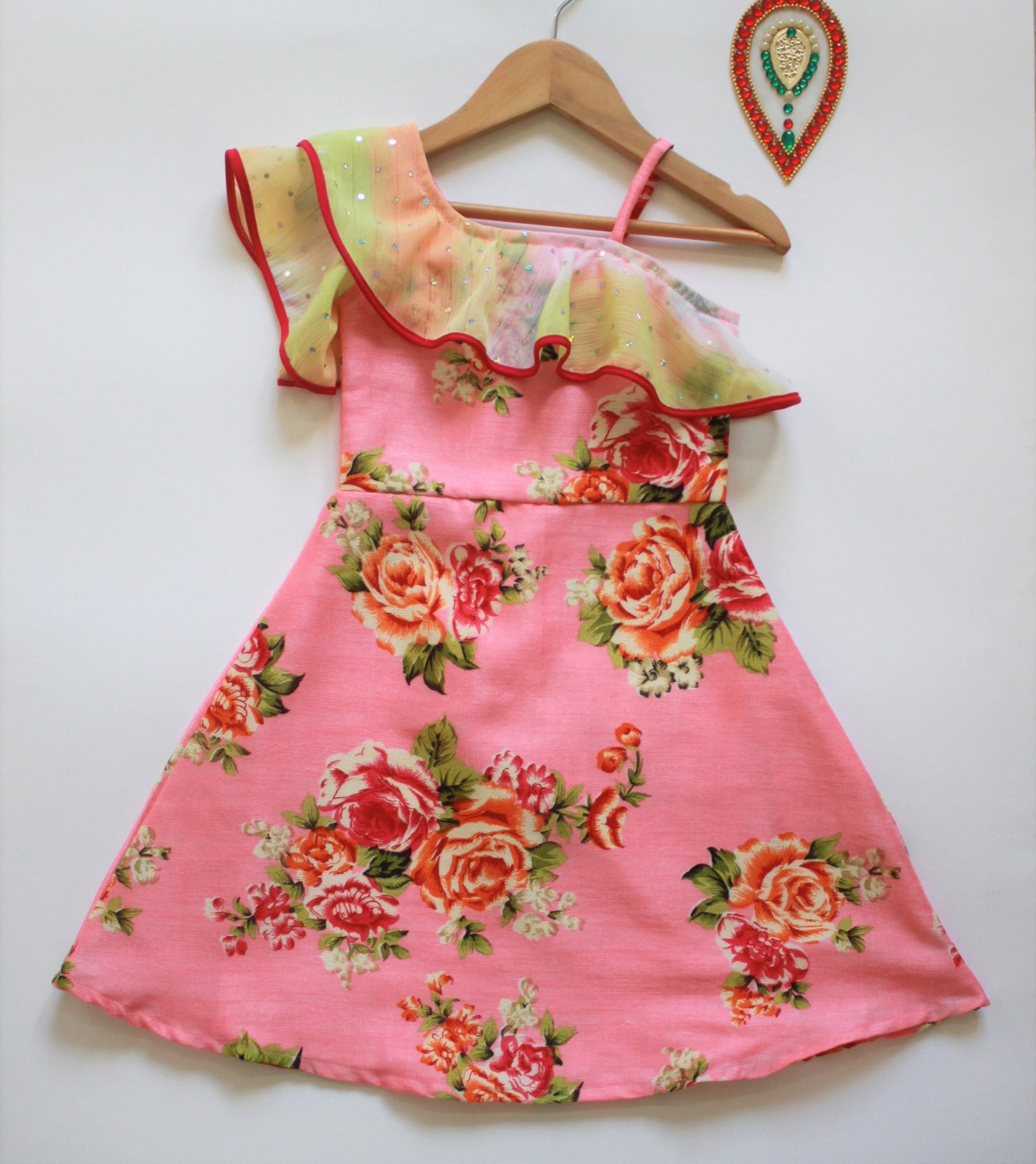 Many frocks & Half Sleeves Flower Printed One Shoulder Gown - Pink