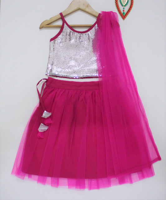 Girls Pink & Silver-Toned Embellished Top with Skirt & Dupatta