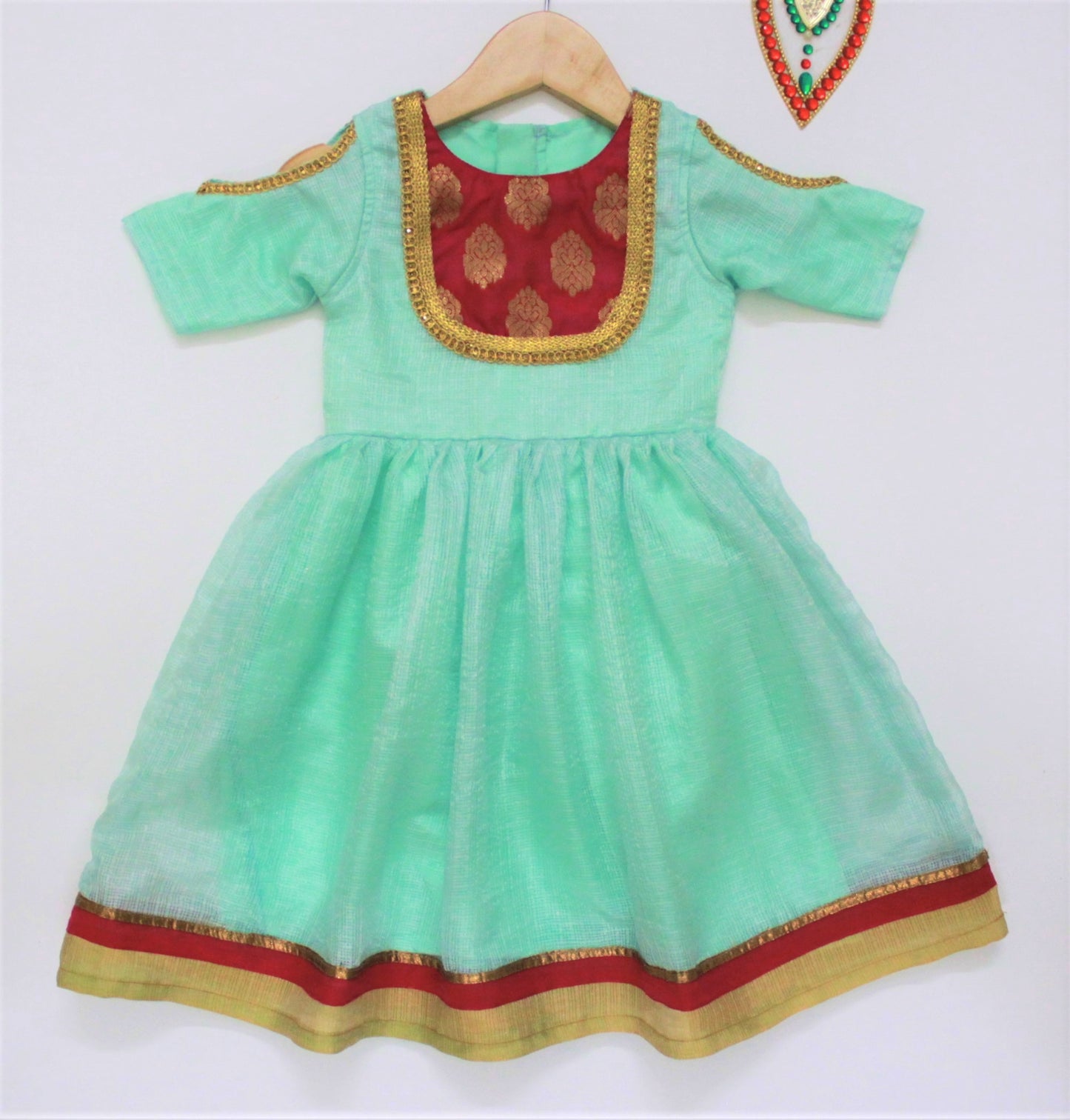Many frocks & Half Sleeves Brocade Yoke Detailing Gown - Sea Green