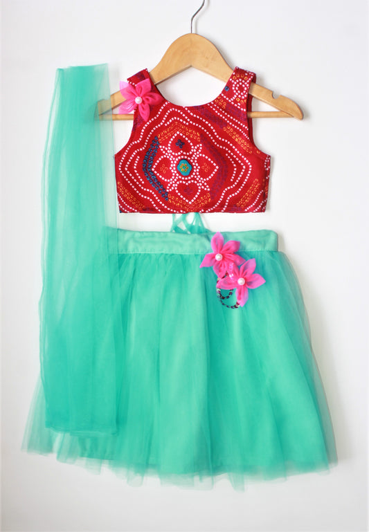 Many frocks & Bandhani Sleeveless Choli With Flared Lehenga & Dupatta - Red & Blue