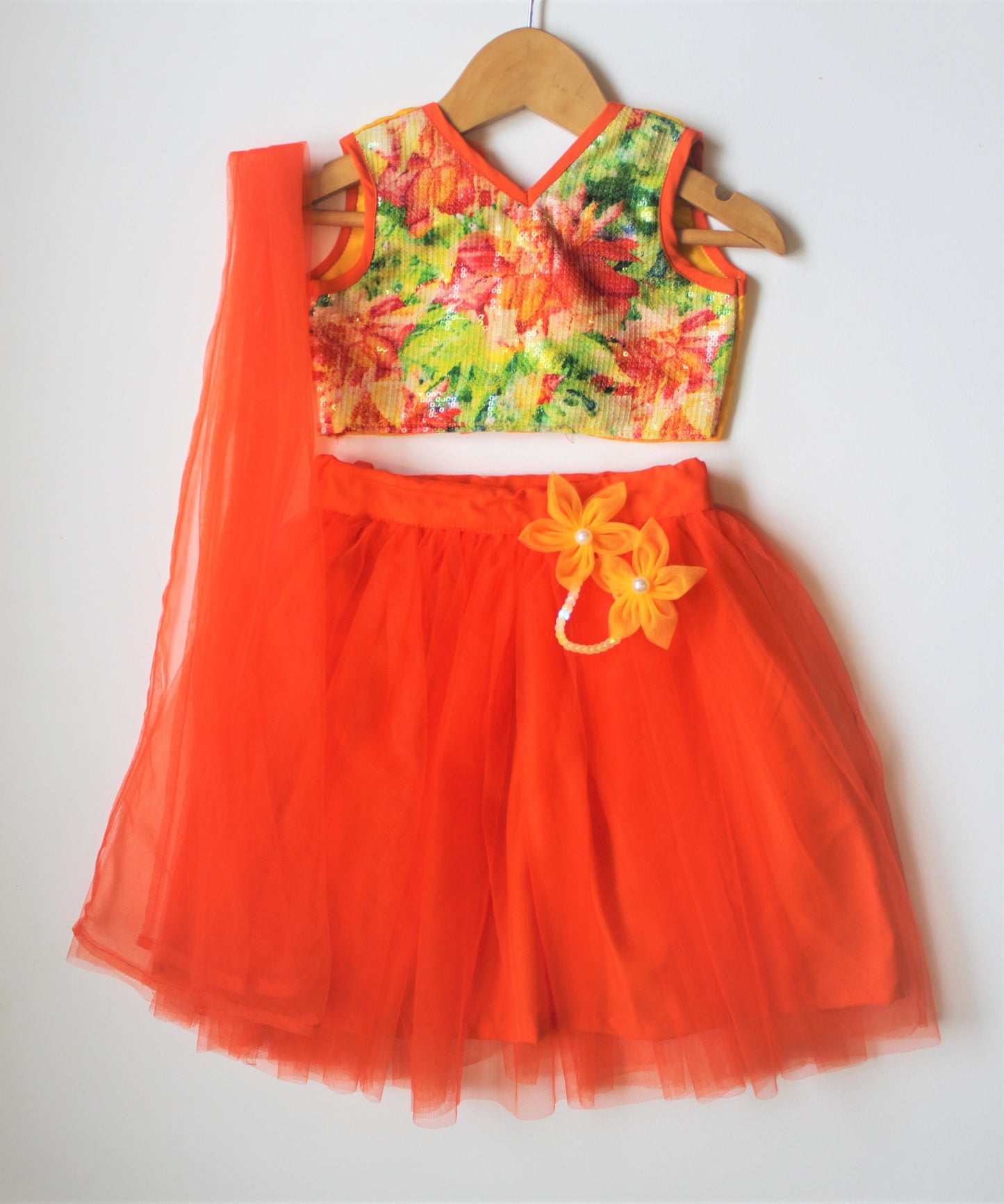 Many frocks & Sequin Embellished Sleeveless Choli With Lehenga & Dupatta - Orange