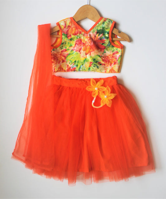 Many frocks & Sequin Embellished Sleeveless Choli With Lehenga & Dupatta - Orange