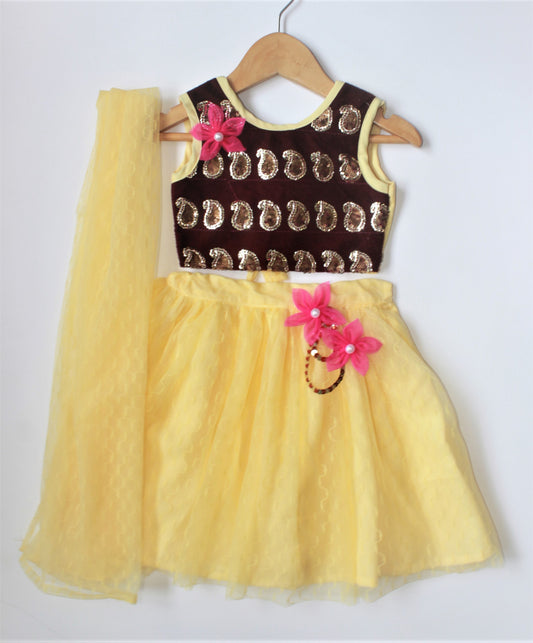 Many frocks & Sleeveless Sequin Paisley Detailing Choli With Lehenga & Dupatta - Cream & Brown