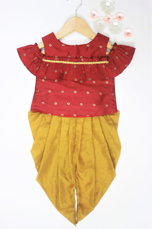 Many frocks & Chanderi Cold Shoulder Kurta With Dhoti - Maroon & Green