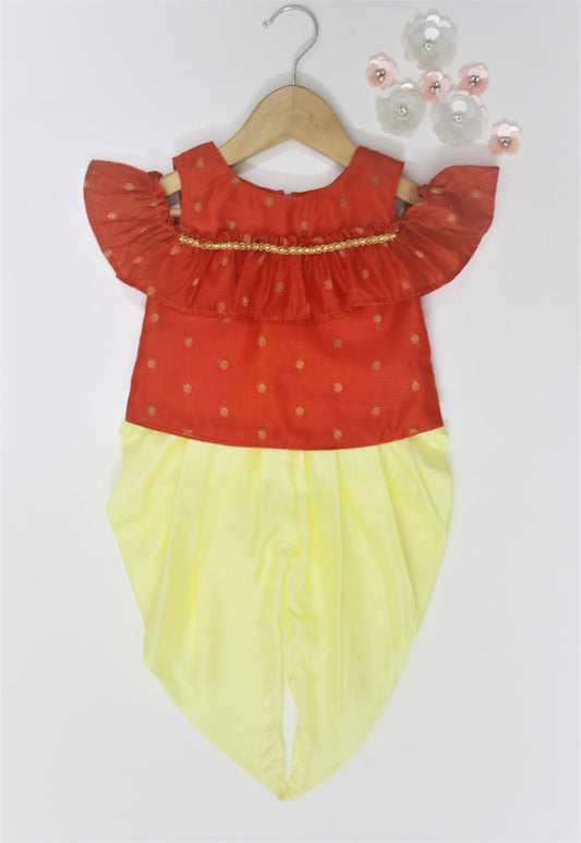 Many frocks & Chanderi Sleeveless Kurta With Dhoti - Red & Yellow