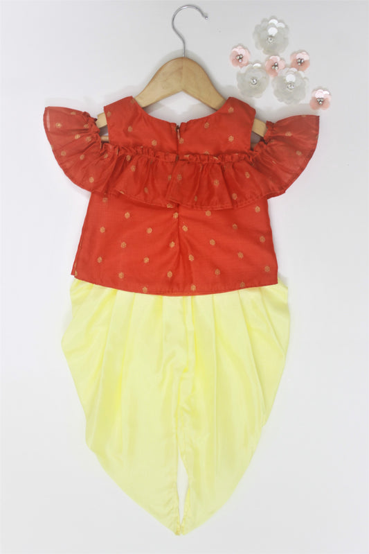 Many frocks & Chanderi Sleeveless Kurta With Dhoti - Red & Yellow