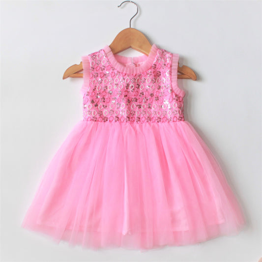 Many frocks & Sleeveless Circle Embroidery Sequin Baby Party Tulle Dress - Pink