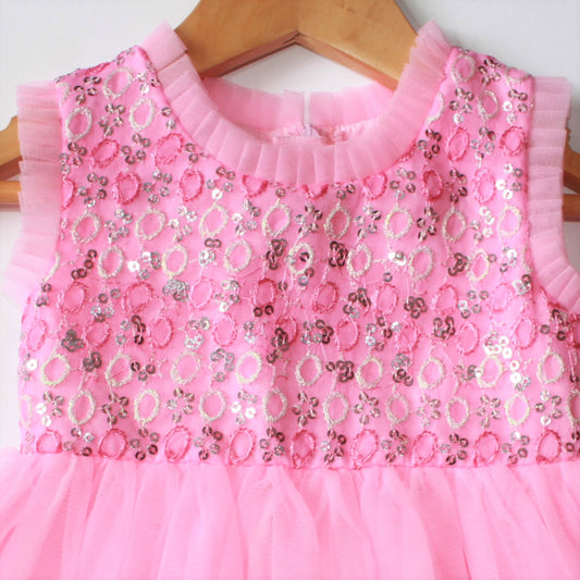 Many frocks & Sleeveless Circle Embroidery Sequin Baby Party Tulle Dress - Pink